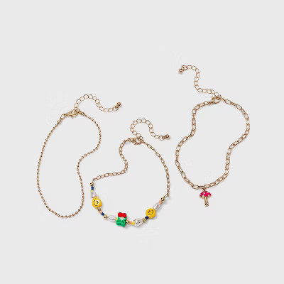 Smiley Face Simulated Pearl and Mushroom Anklet Set 3pc - Wild Fable™ | Target