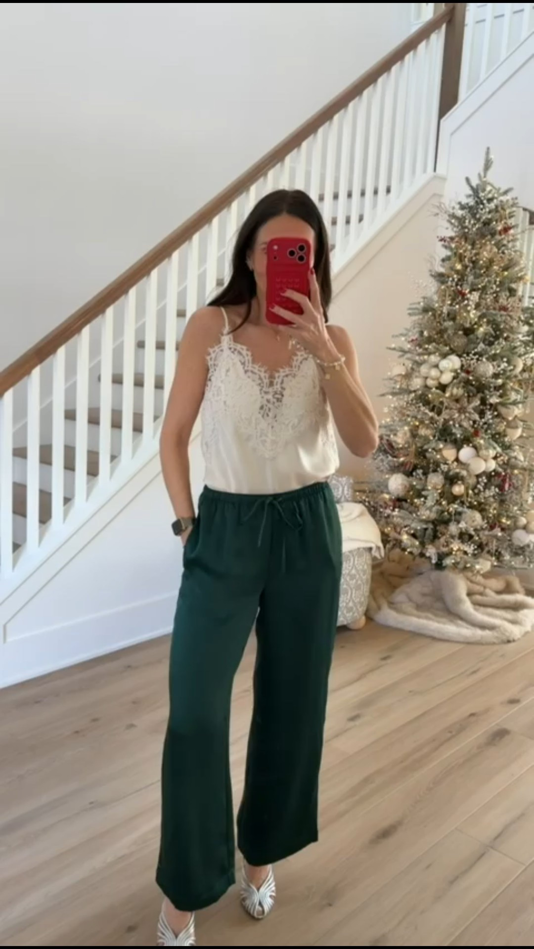 Satin top, lace cami, dark green satin psnts, all on sale, 60% off.

Chic satin pants, elegant look,  elegant outfit ideas, chic party outfit, evening chic outfit, annabrstyle.

#LTKHoliday #LTKFindsUnder100 #LTKSaleAlert