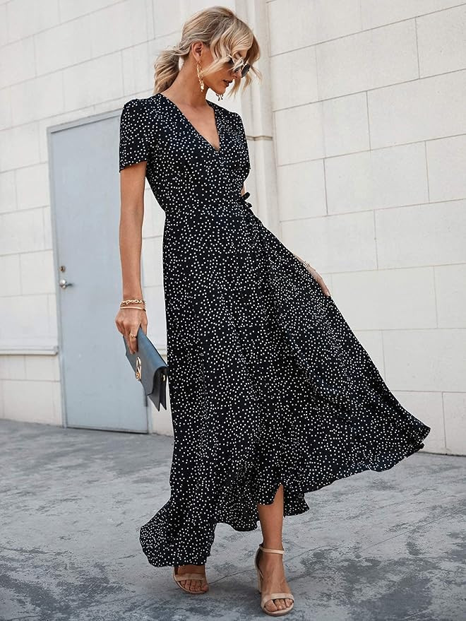 PRETTYGARDEN Women's Summer Wrap Maxi Dress Casual Boho Floral V Neck Short Sleeve Ruffle Hem Spl... | Amazon (US)