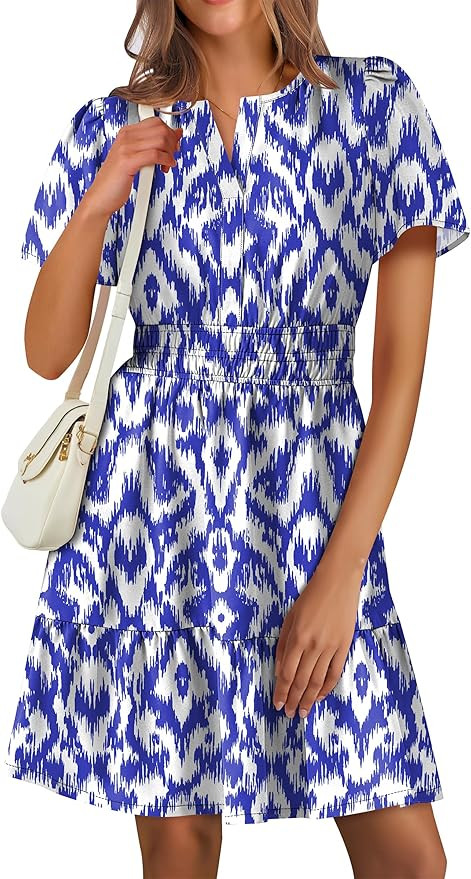 ANRABESS Womens 2025 Summer Casual Short Dress V Neck Short Sleeve Floral A-Line High Waist Boho ... | Amazon (US)