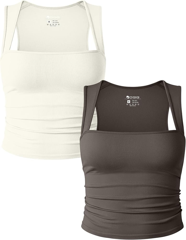 OQQ Womens 2 Piece Tank Tops Rueched Sleeveless Square Neck Ribbed Stretch Basic Shirts | Amazon (US)