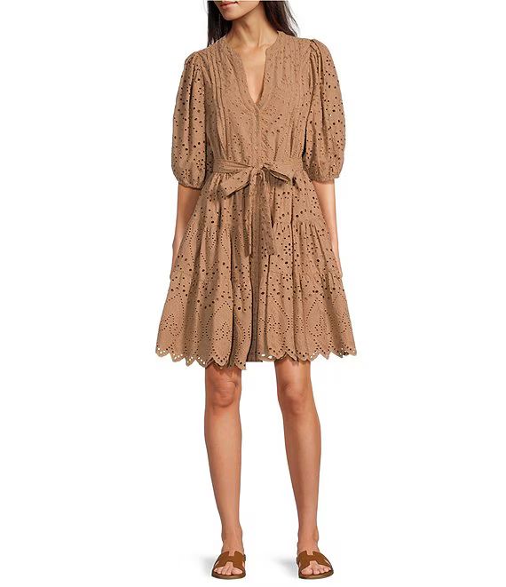 Eyelet Split Neck Puff Sleeve Button Down Belted Scallop Hem A-Line Dress | Dillard's