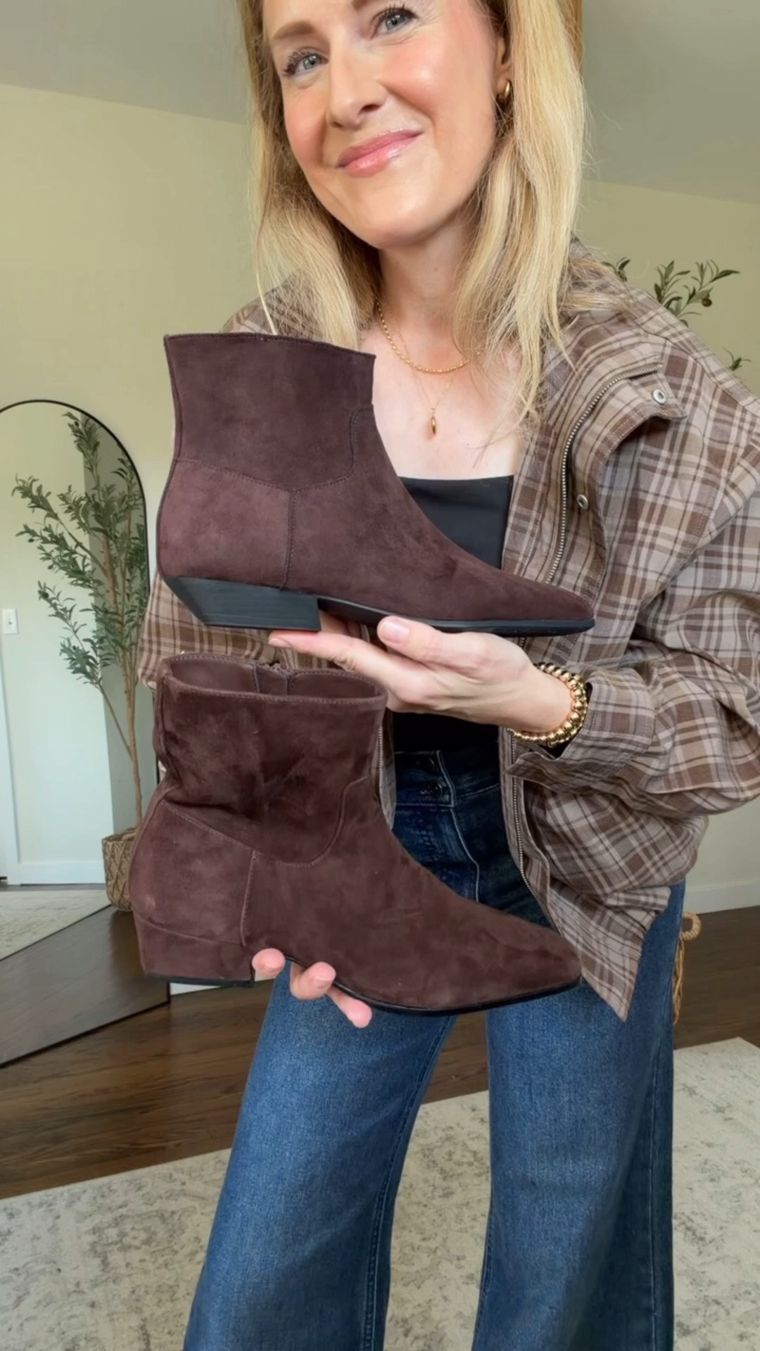 Steve Madden versus Walmart chocolate brown suede ankle boots for fall, fit is tts! #lookalike