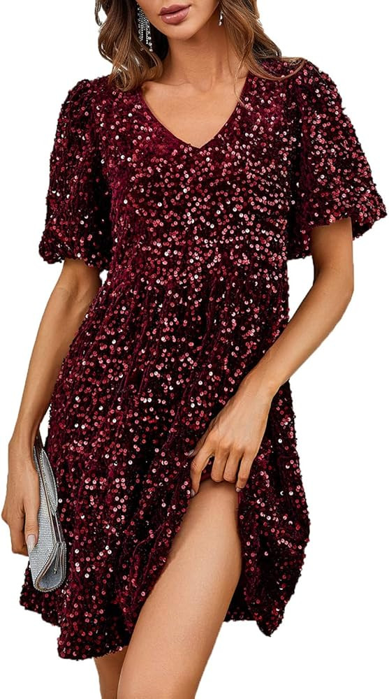 NOYIVA Women Fall Velvet Long Sleeve V Neck Casual Loose Babydoll Dress | Amazon (US)