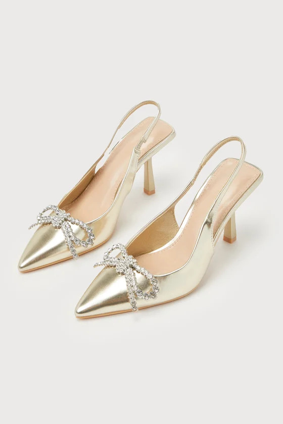 Navine Gold Rhinestone Bow Pointed-Toe Slingback Pumps | Lulus (US)