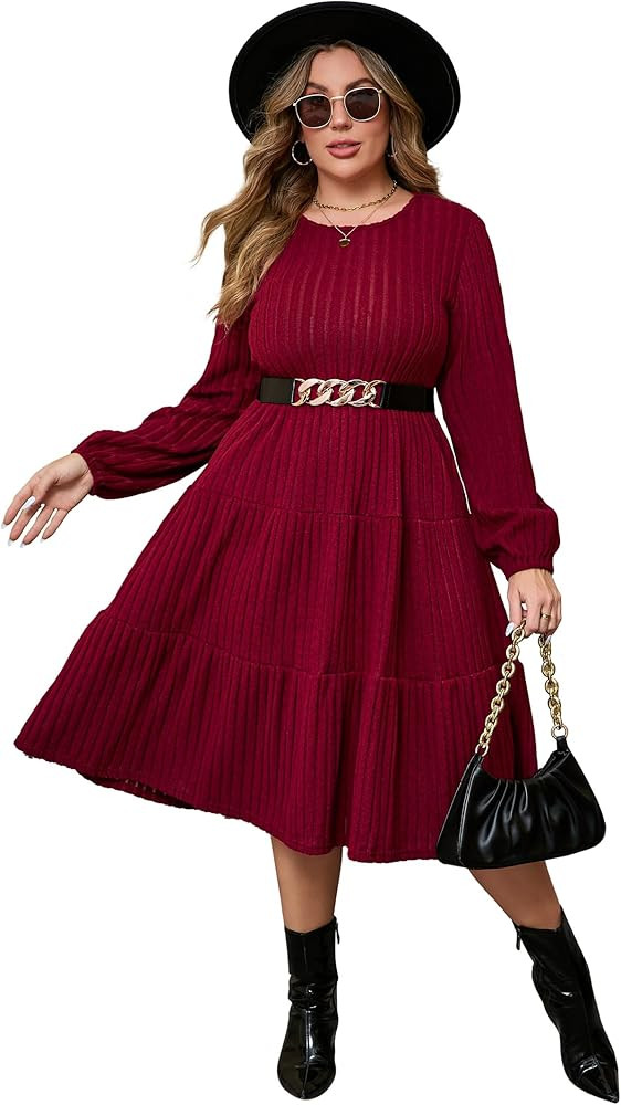ShopWonder Women Plus Size Knit Sweater Dress Round Neck Long Sleeves Comfy Pullover Winter Midi ... | Amazon (US)