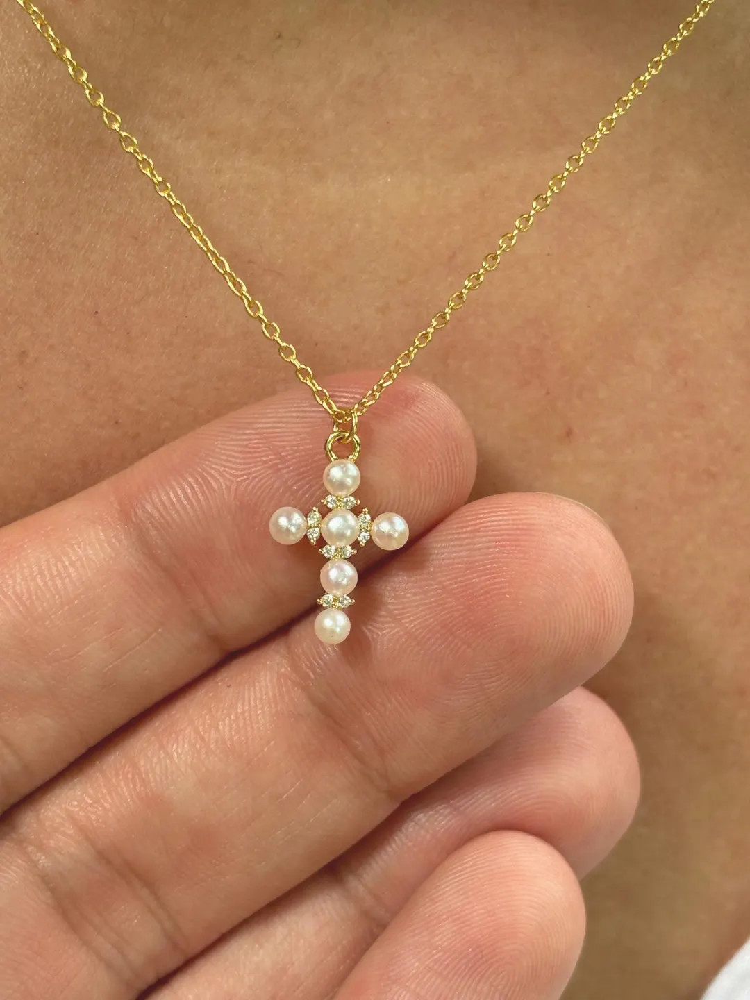 Dainty Pearl Cross Necklace, 14K Gold Plated, Gold Pearl Crucifix, Cross Necklace, Small Cross Ne... | Etsy (US)
