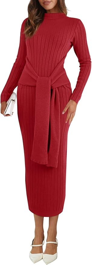 Saodimallsu Womens Long Sleeve Midi Sweater Dress Bodycon Mock Neck Ribbed Knit Tie Waist Fall Lo... | Amazon (US)