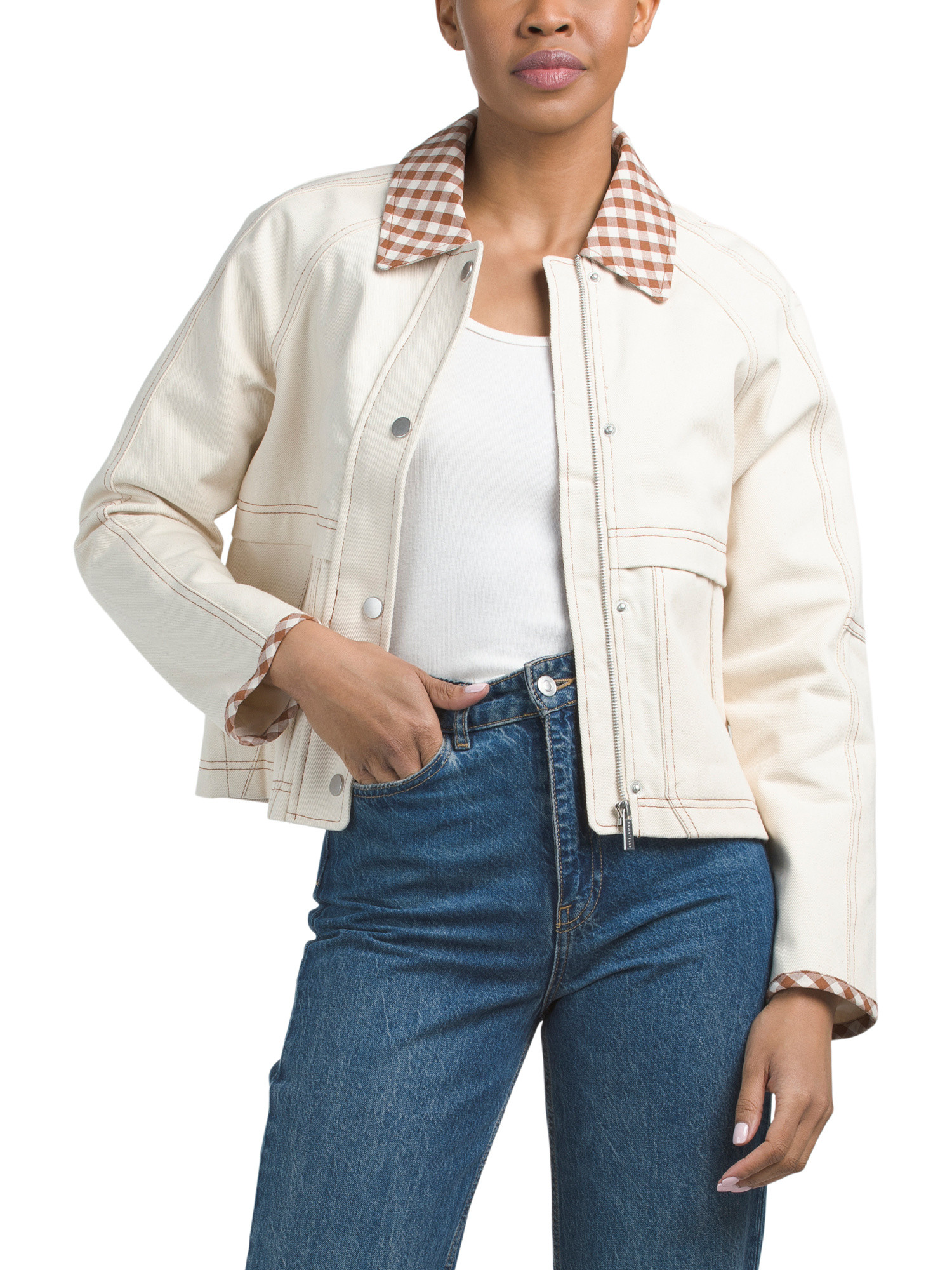 Denim Jacket With Gingham Detailling | TJ Maxx