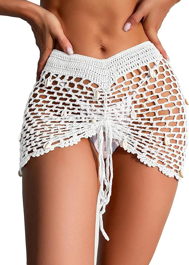 COZYEASE Women's Beach Cover Up Skirt Hollow Out Drawstring Front Crochet Bathing Suit Cover Up B... | Amazon (US)