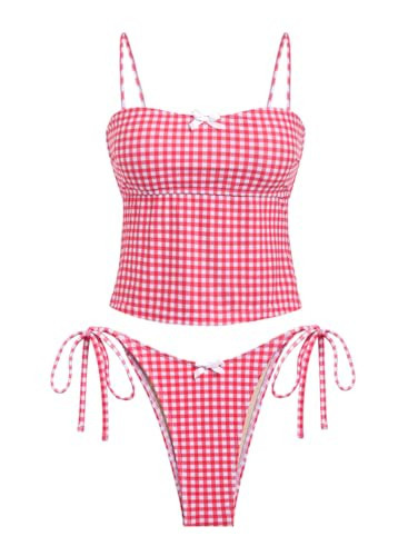 seamoly Tankinis for Women Open Back Two Piece Bikini Sets Self Tie Back Bowknot Cheeky High Cut Swimsuit Red Gingham L | Amazon (US)