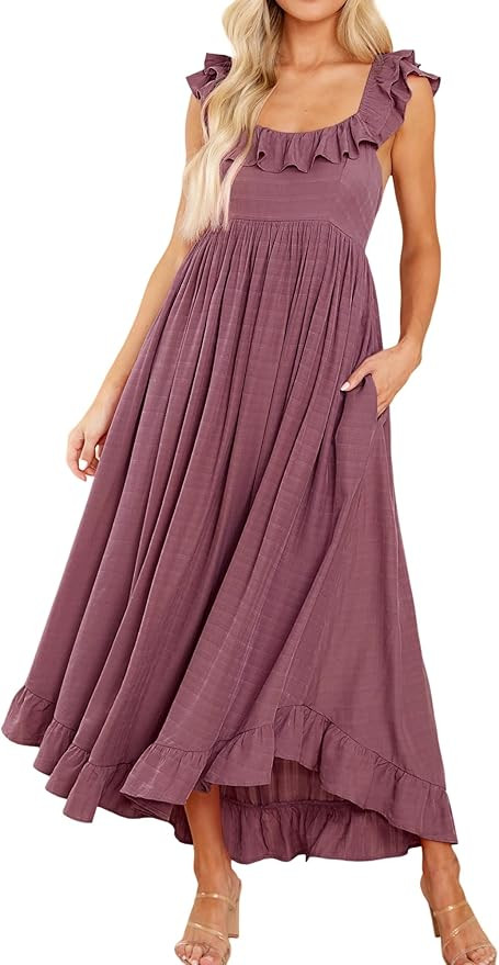 R.Vivimos Summer Dress for Women Sleeveless Boho Ruffle Square Neck Tie Back Casual Backless Flow... | Amazon (US)