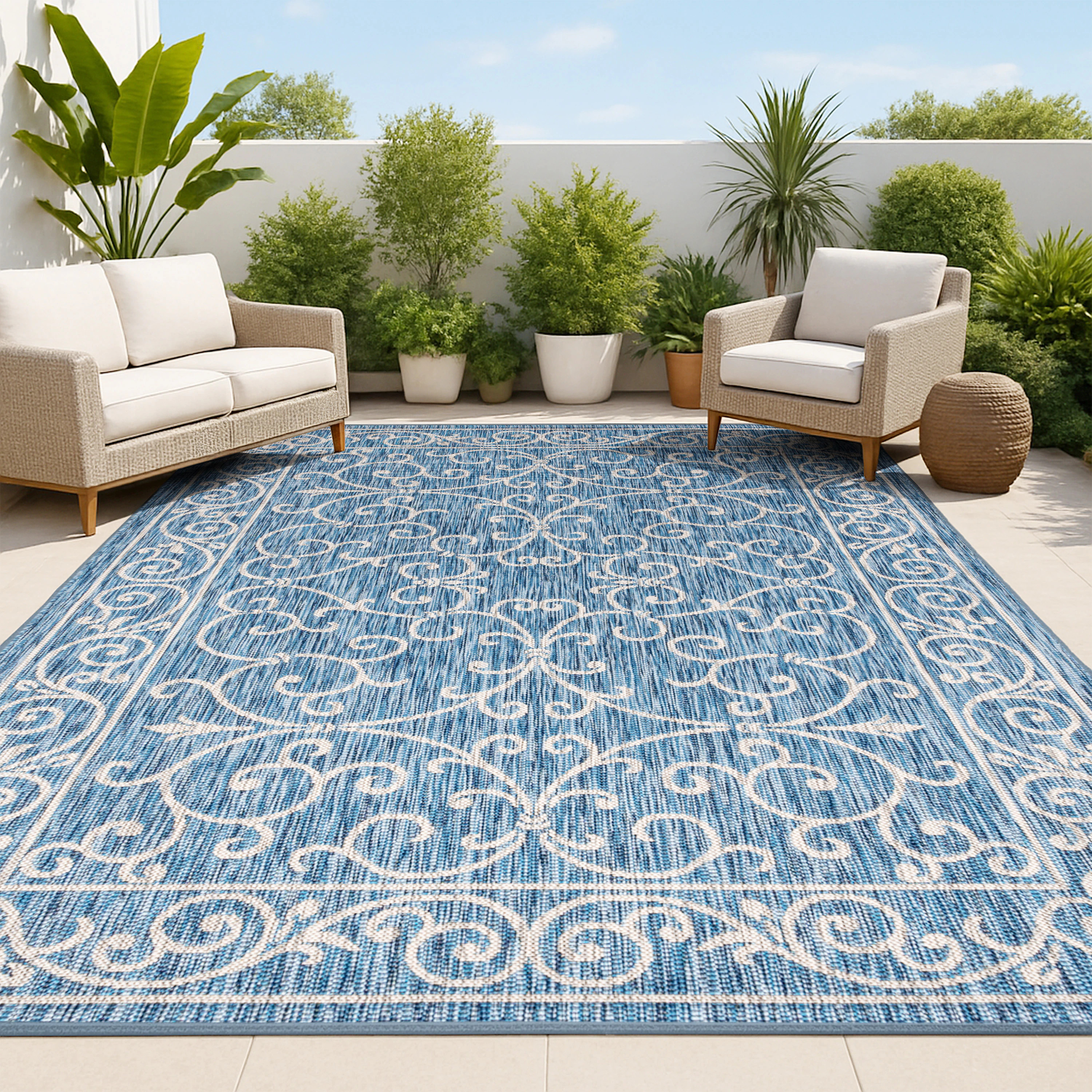 JONATHAN Y SANTA MONICA Charleston Vintage Filigree Textured Weave 9 x 12 (ft) Loomed Polypropylene Navy/Gray Rectangular Indoor/Outdoor Medallion | Lowe's
