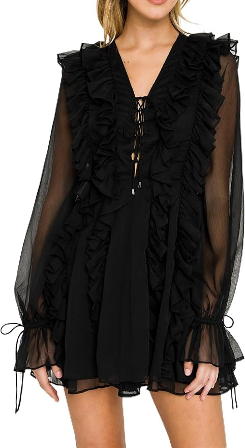 endless rose Women's Long Sleeve Chiffon Ruffle Mini Dress, Black, S | Amazon (US)
