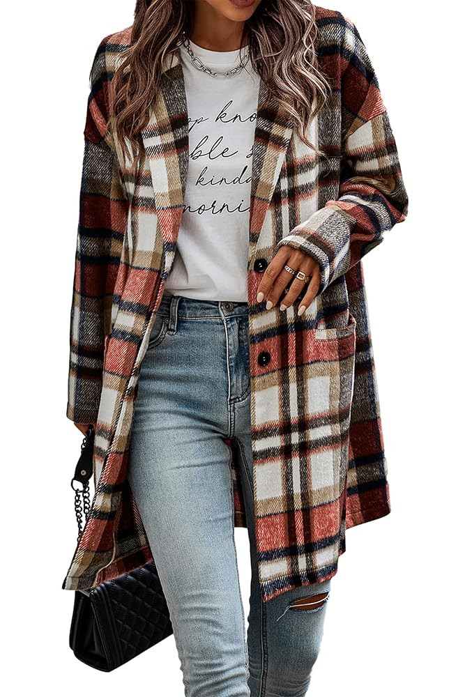 PRETTYGARDEN Women Plaid Shacket Jacket Trendy Fall Casual Button Wool Blend Tartan Trench Coat W... | Amazon (US)
