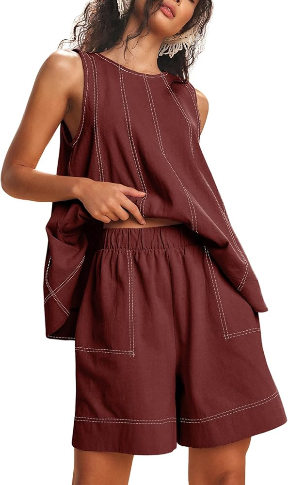 Gozoloma Womens 2 Piece Outfits Sleeveless Matching Sets A Line Tank Tops Contrast Stitching High... | Amazon (US)