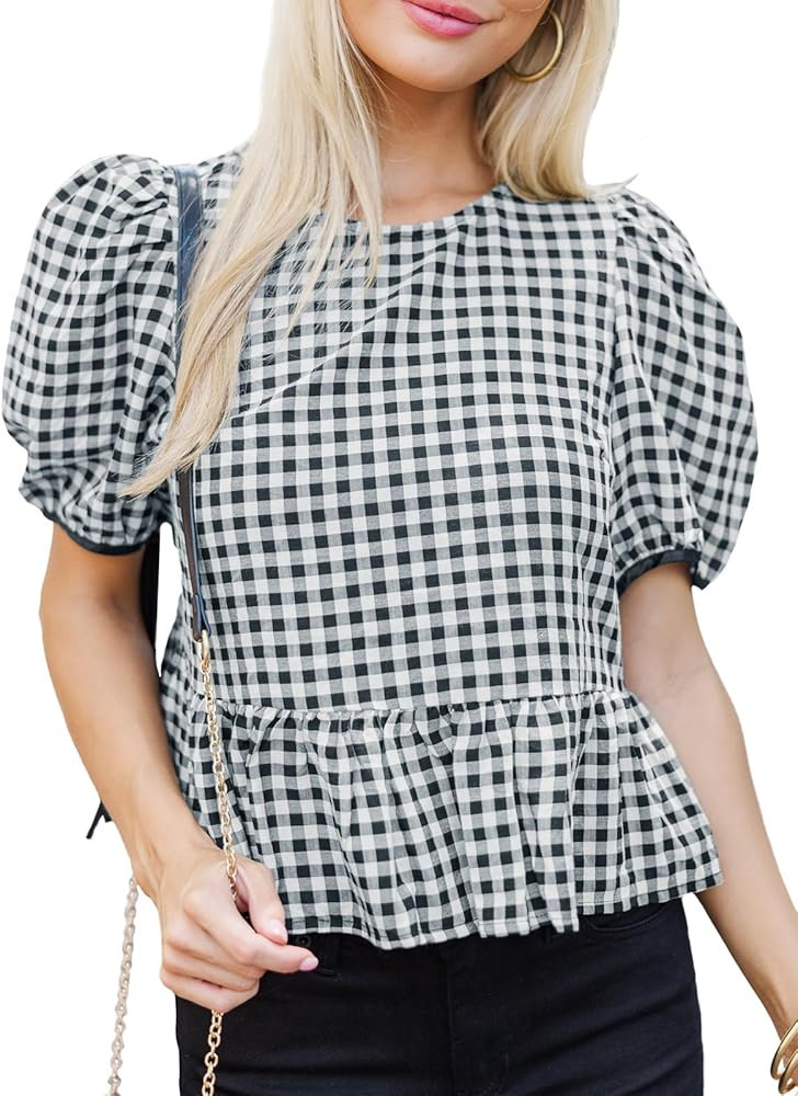 Cicy Bell Womens Puff Sleeve Gingham Blouse Summer Ruffle Peplum Babydoll Tops Cute Plaid Cotton ... | Amazon (US)