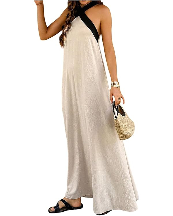 Floerns Women's Criss Cross Halter Dress Colorblock Sleeveless Beach Long Dresses | Amazon (US)
