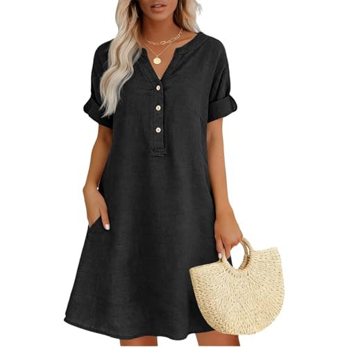 Linen Dress Women, Cotton Dresses for Women, Women's Summer Midi Linen Dresses, Linen Cotton Dresses for Women Spring Black Small | Amazon (US)