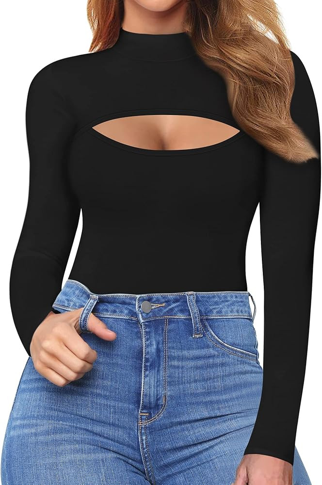 ALGALAROUND Cutout Tops for Women Fitted Mock Turtleneck Long Sleeve T-Shirt | Amazon (US)