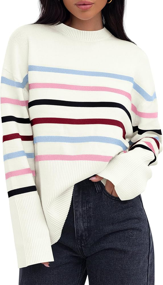 ZESICA Women's Fall Winter Striped Long Sleeve Crew Neck Ribbed Knit Side Slit Oversized Pullover... | Amazon (US)