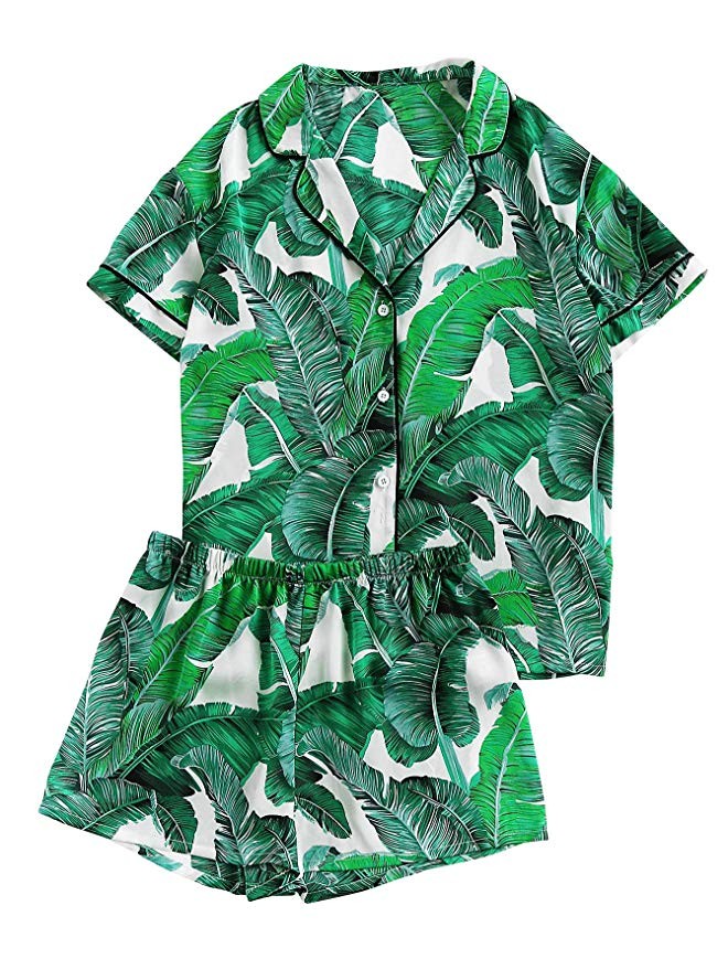 Floerns Women's Notch Collar Palm Leaf Print Sleepwear Two Piece Pajama Set | Amazon (US)