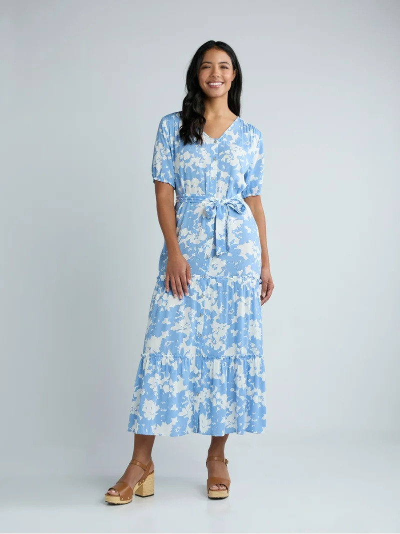 Time and Tru Women's Crinkle Maxi Dress with Short Sleeves, Sizes XS-XXXL | Walmart (US)