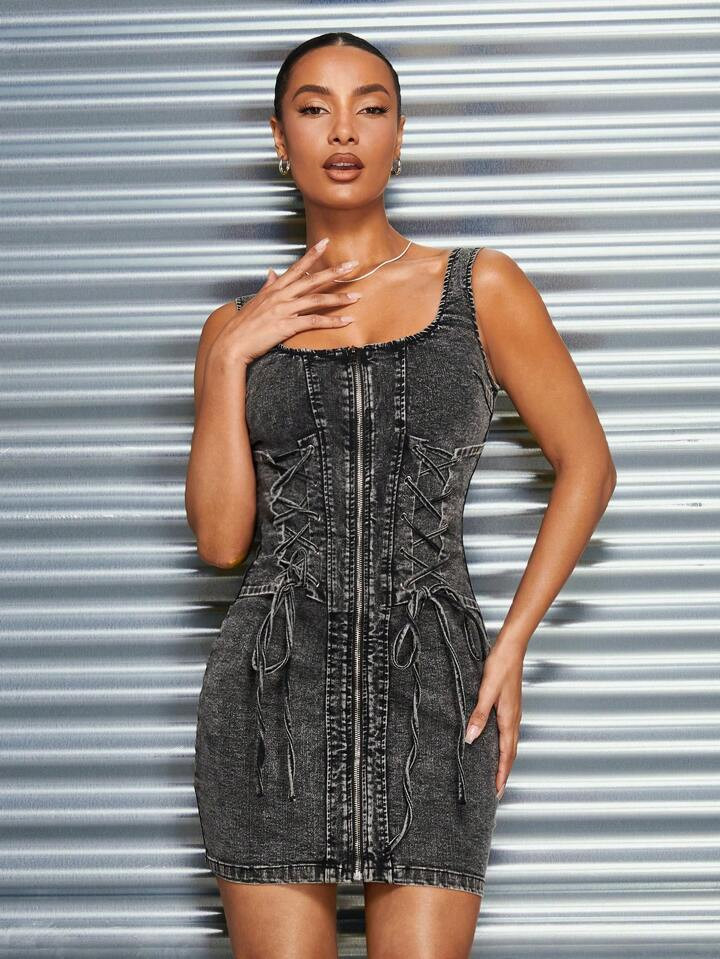 SHEIN BAE Ladies Highly Elastic Fit Slim Hot Girl Drawstring Sexy Denim Dress | SHEIN