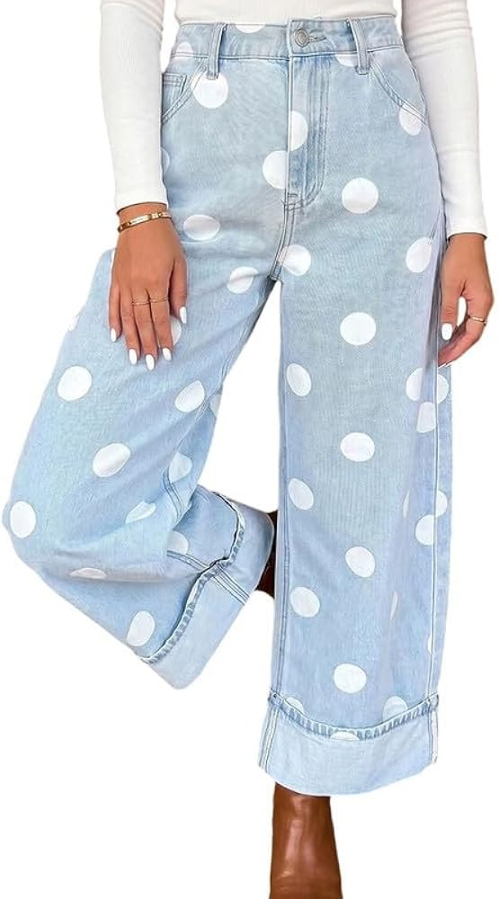 CHARTOU Women High Rise Wide Leg Jeans Baggy Crop Cuffed Hem Denim Polka Dot Pants | Amazon (US)