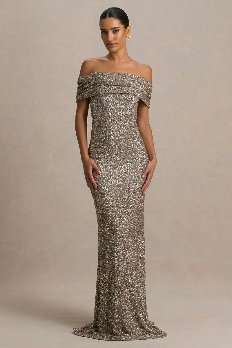 Melina  Champagne Sequin Bardot-Neck Maxi Dress | Club L London