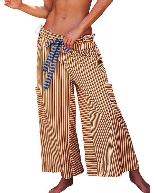 Bankeng Women Drawstring Striped Pants Loose Wide Leg Lounge Pants Casual Palazzo Pants Trousers ... | Amazon (US)