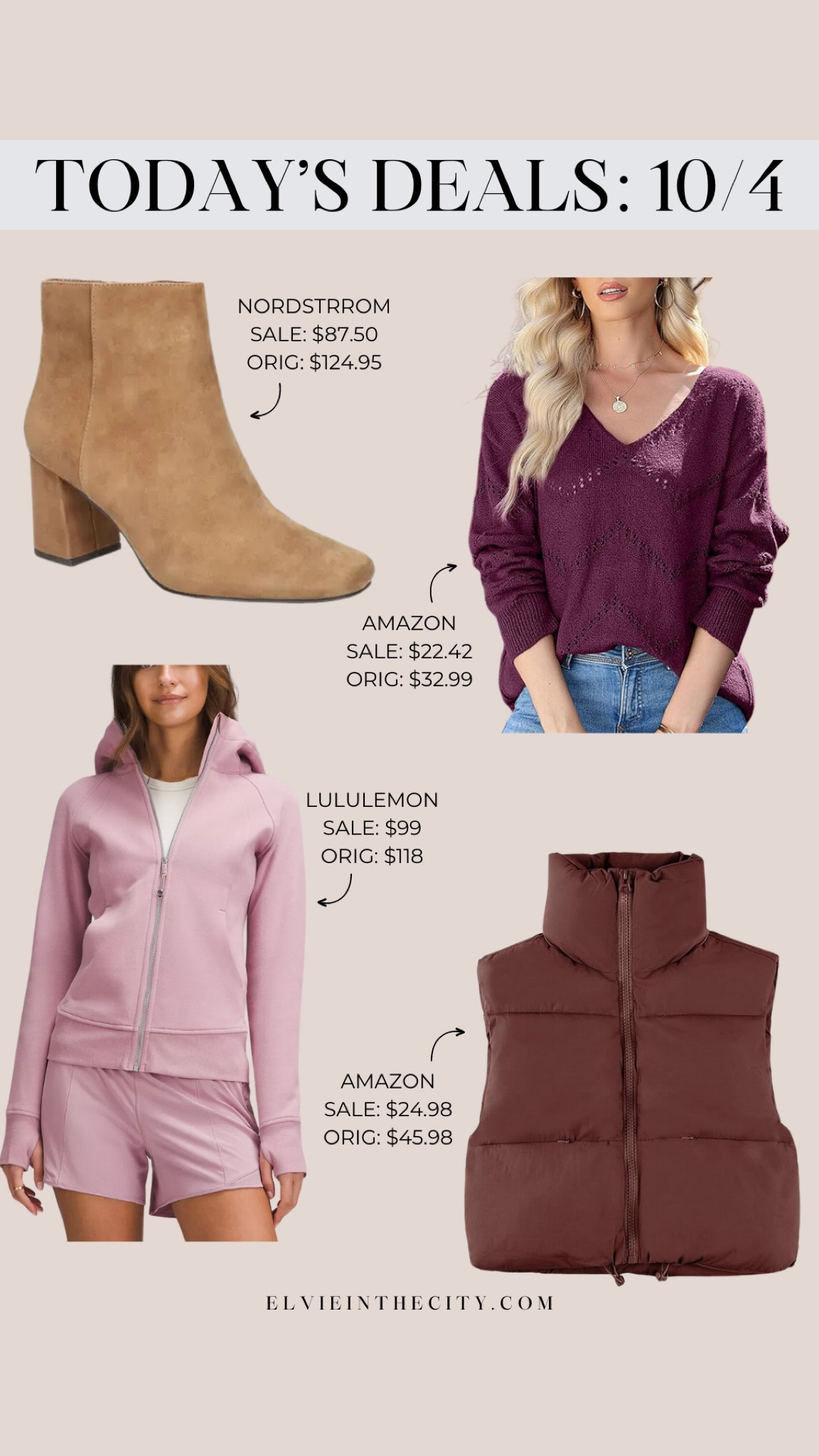 Today’s deals include suede block heel boots from Nordstrom, a v-neck lightweight sweater from Amazon (be sure to click the coupon for the full savings), a full-zip hoodie from Lululemon, and a cropped puffer vest from Amazon.

Deal of the day, ootd, fall outfit, fall vest, fall boots, fashion over 40, athleisure, sweatshirt 

#LTKSaleAlert #LTKFindsUnder50 #LTKStyleTip
