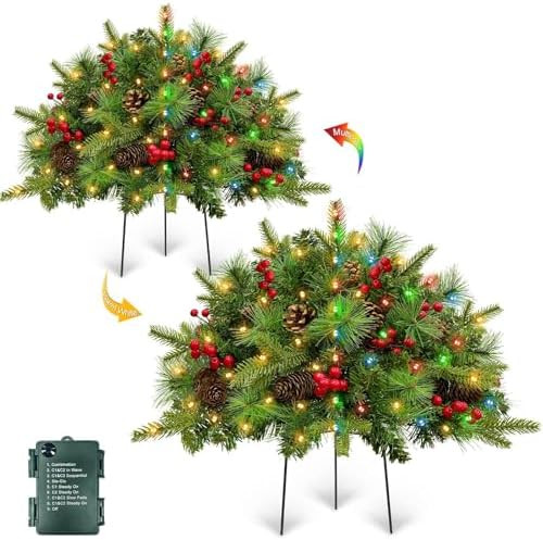 2 Pack 24" Lighted Outdoor Christmas Tree Urn Fillers with Timer 8 Mode Warm & Colorful Light Red... | Amazon (US)