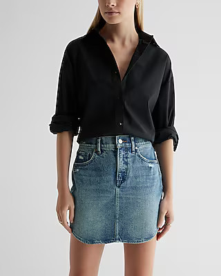 High Waisted Medium Wash Mini Denim Skirt | Express