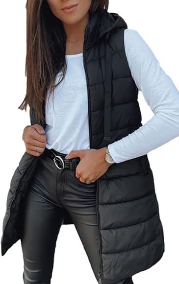 Veatzaer Women Long Vest Solid Color Sleeveless Hood Winter Puffer Vest Outwear | Amazon (US)