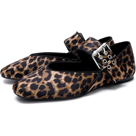 Elegant Leopard Ballet Flats for Women Buckle Strap Mary Jane Flats | Amazon (US)