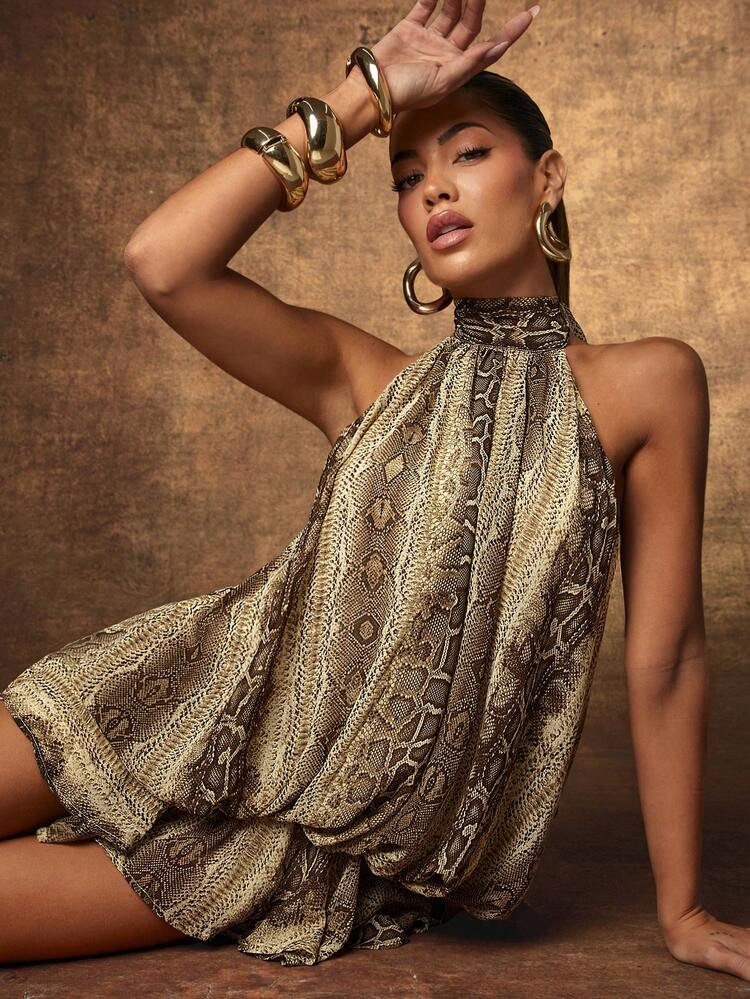 Hauture Vestido mini sexy sin mangas con cuello de halter y estampado total para mujer | SHEIN