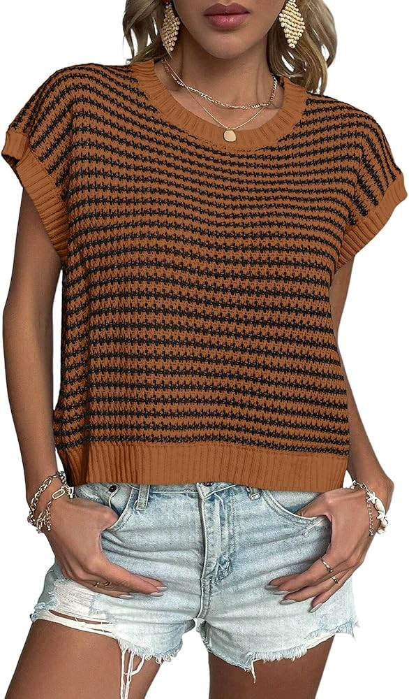 EVALESS Women's Sweater Vest Striped Color Pullover Tank Top Round Neck Cap Sleeve Lightweight 20... | Amazon (US)