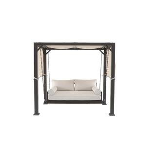 61 in. Metal Wicker Patio Daybed Swing with Canopy and CushionGuard Almond Biscotti Cushions | The Home Depot