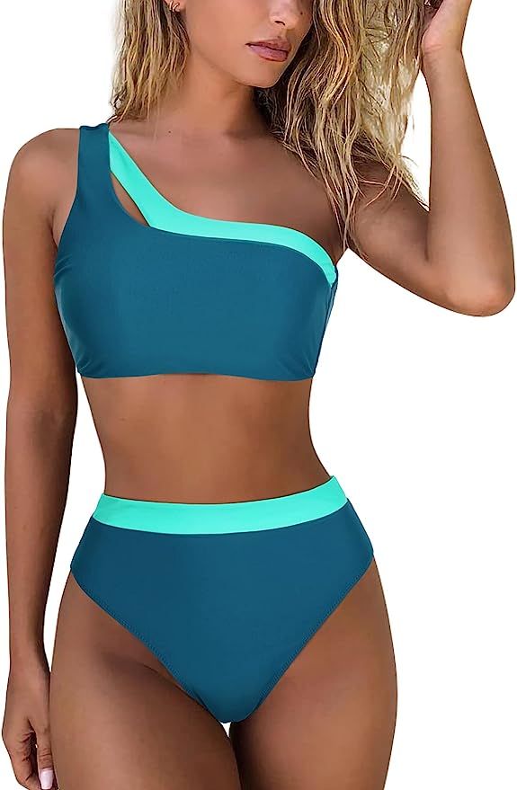 RUUHEE Women One Shoulder Cutout Top High Waisted High Cut Bottom 2 Piece Bikini Sets | Amazon (US)