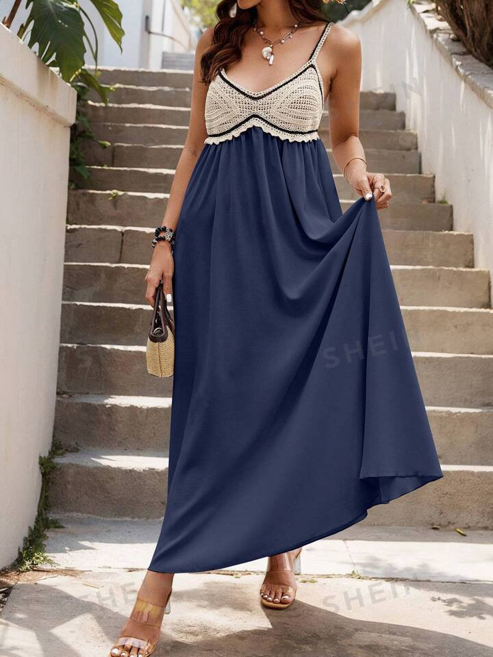 SHEIN VCAY Women's Crochet Contrast Color Western Country Resort Dress | SHEIN USA | SHEIN