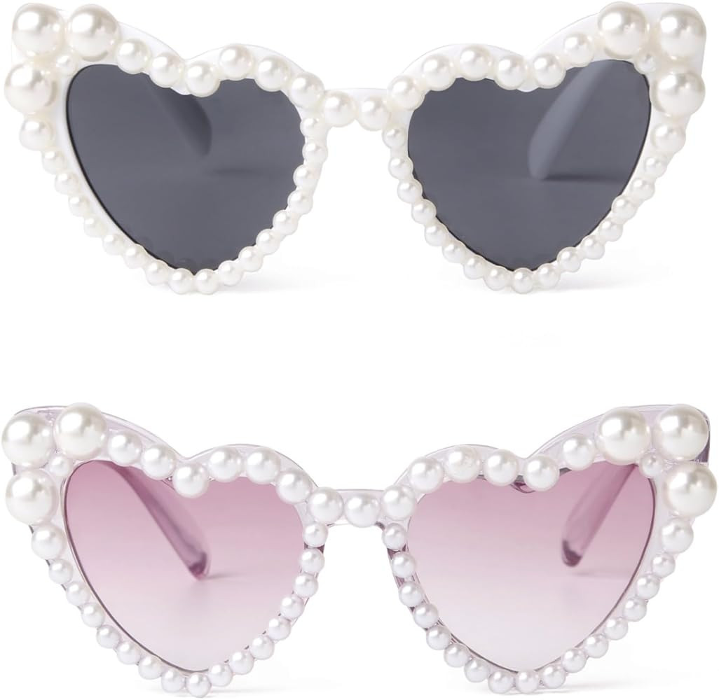 ADE WU Heart Sunglaskses Kids Cute Pearl Heart Shaped Sunglasses for Girls Age 3-8 | Amazon (US)