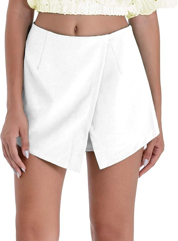 Women Summer Asymmetrical Wrap Casual Elastic Waist A Line Mini Shorts Skorts with Zipper | Amazon (US)