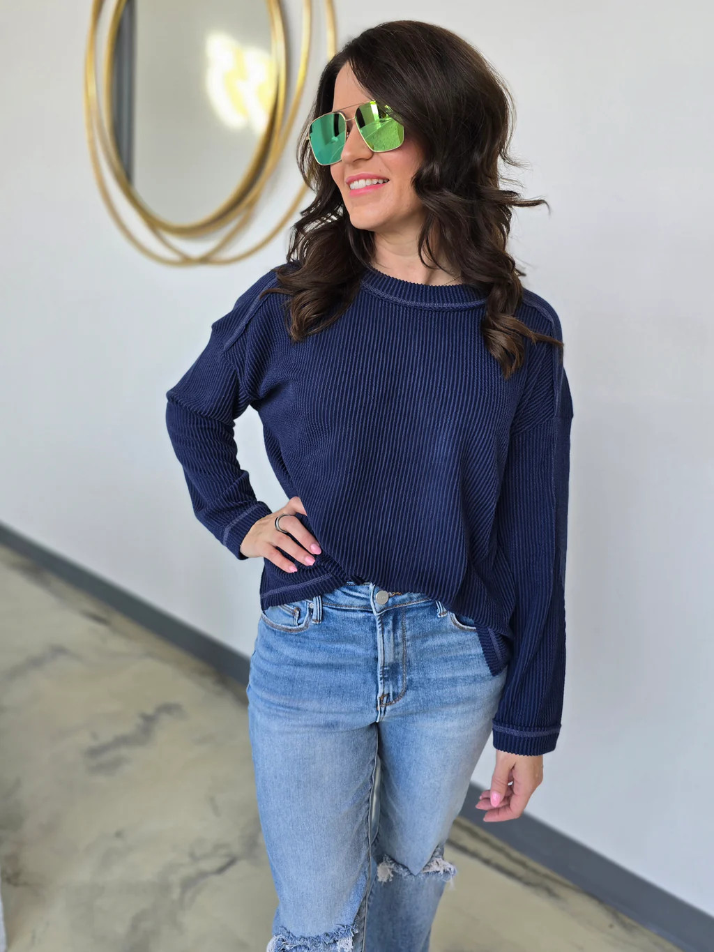 LONG SLEEVE RIBBED KNIT TOP | 555 Boutique