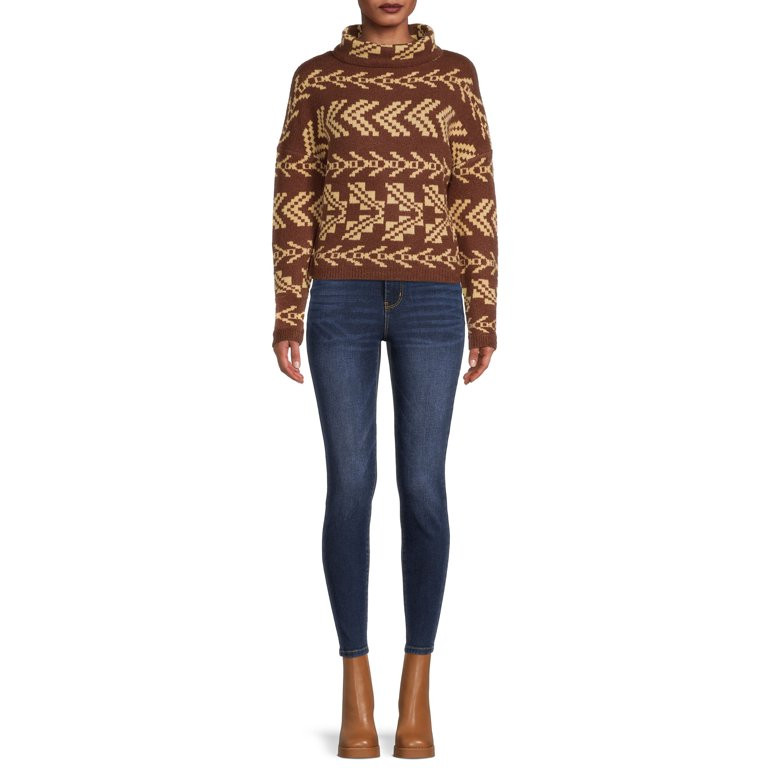 No Boundaries Junior's Plaid Mock Neck Sweater | Walmart (US)