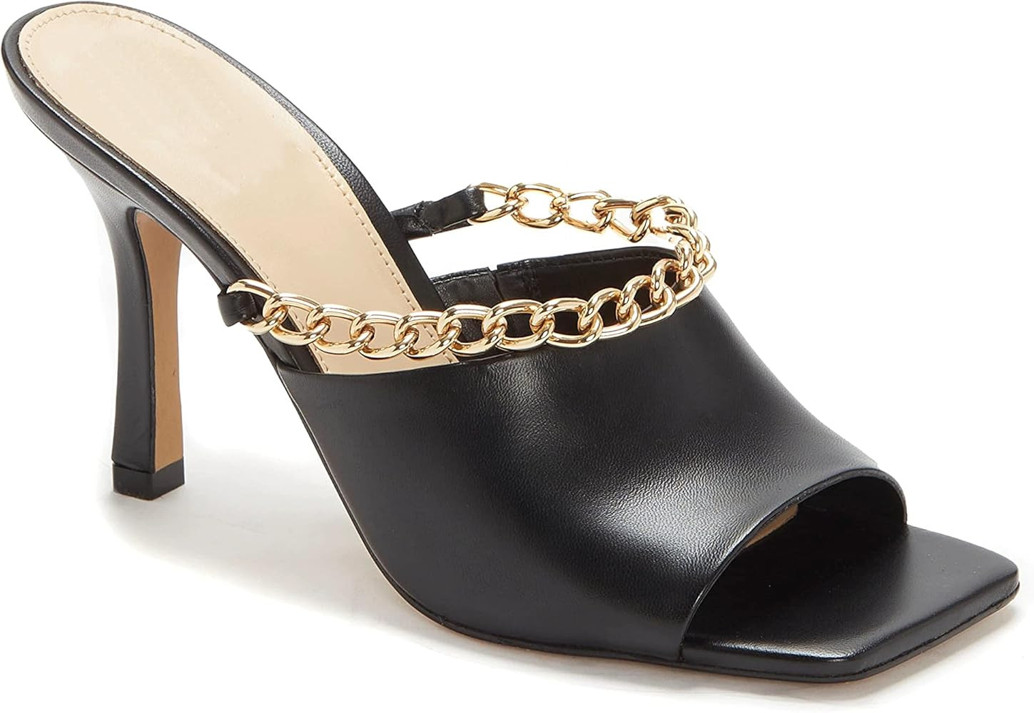 Womens Kitten Heels Sandals Mules Chain Square Toe High Heeled Slip on Summer Dress Shoes | Amazon (US)