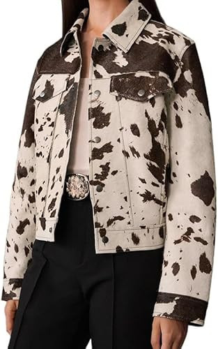 LAPUNIOT Women's Animal Print Denim Jacket Casual Cow Print Jacket Long Sleeve Button Up Motorcycle Cropped Coats (Leather Brown,L) | Amazon (US)