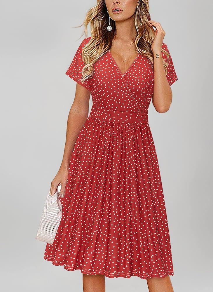 VOTEPRETTY Damen Sommerkleid Kurzarm V-Ausschnitt Wickelkleid Knielang Kleid mit Taschen | Amazon (DE)