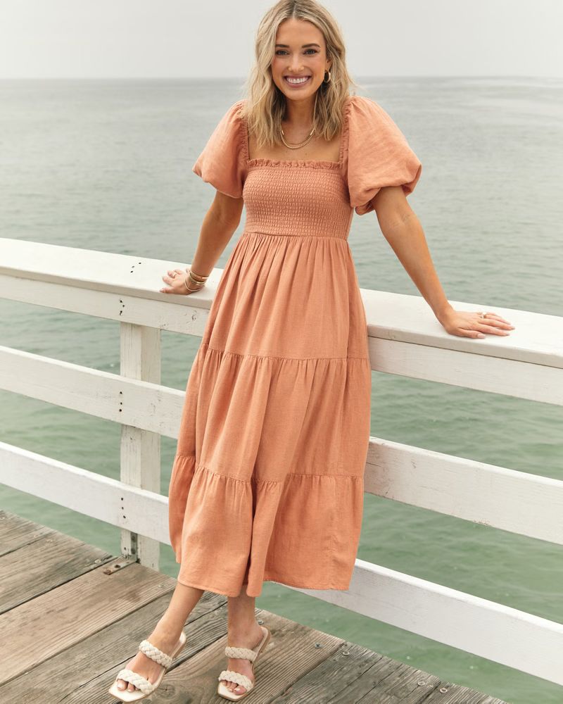 Women's Flowy Linen-Blend Midi Dress | Women's Dresses & Jumpsuits | Abercrombie.com | Abercrombie & Fitch (US)