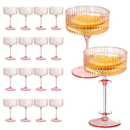 24 Pcs Detachable Martini Glasses 10oz Plasitc Pink Ribbed Coupe Glasses Gold Rim With Pink Stem Vintage Cocktail Glassware Set Unique Martini Glass For Champagne Wine Wedding Anniversary Bar | Amazon (US)